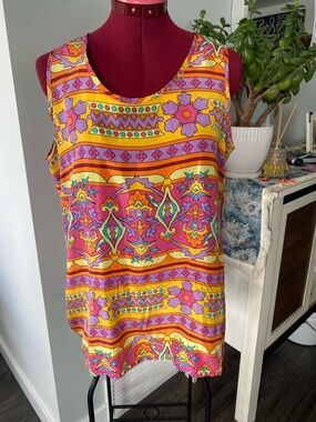 Vintage 100% Silk Sleeveless Tank Top - Bright Retro Boho Print